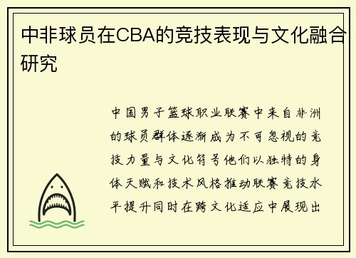 中非球员在CBA的竞技表现与文化融合研究