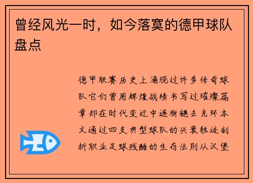 曾经风光一时，如今落寞的德甲球队盘点