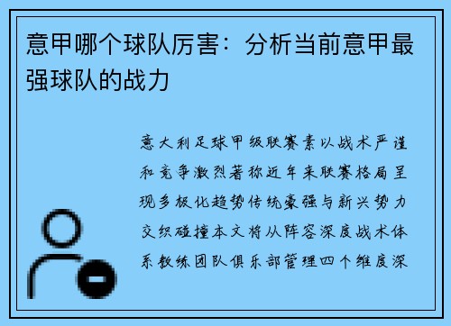 意甲哪个球队厉害：分析当前意甲最强球队的战力